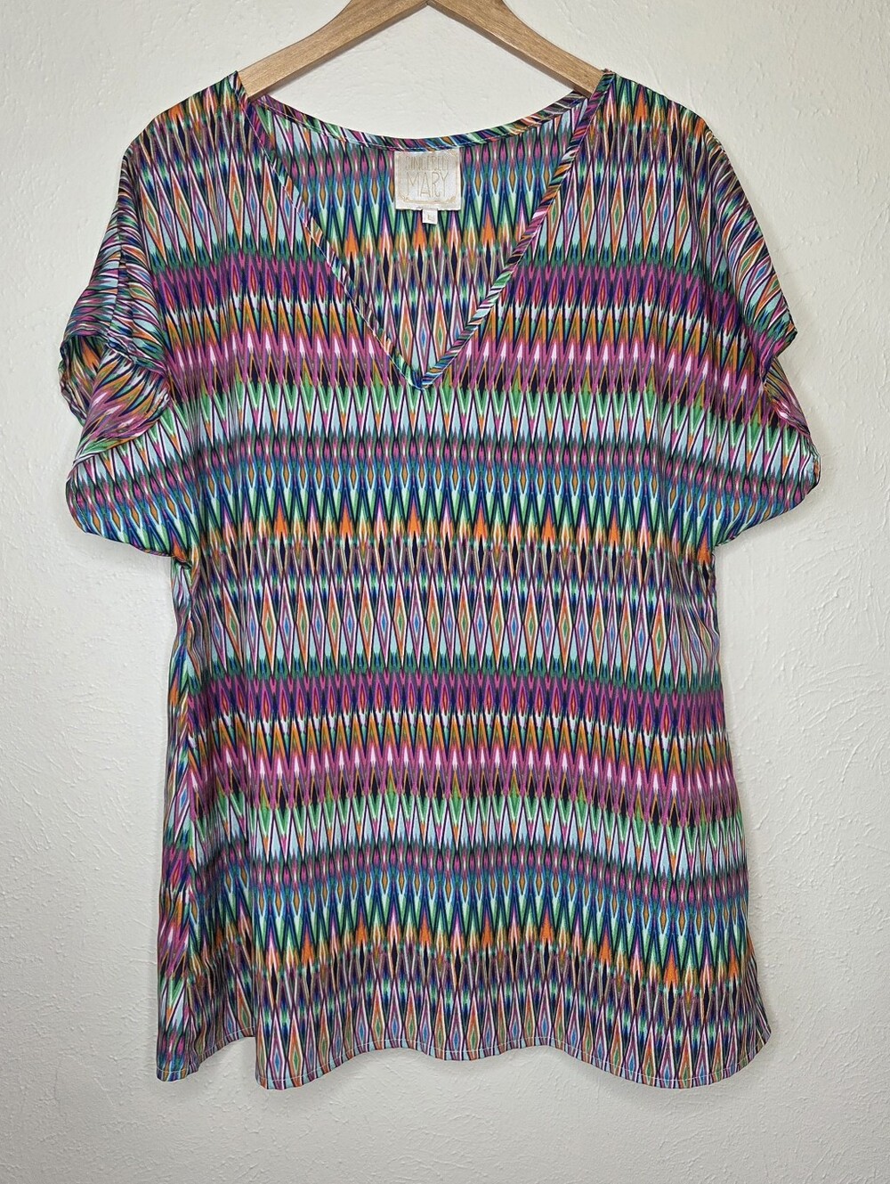Sincerely Mary Multicolor Geometric Ikat Print Dolman Sleeve Blouse Top USA Made